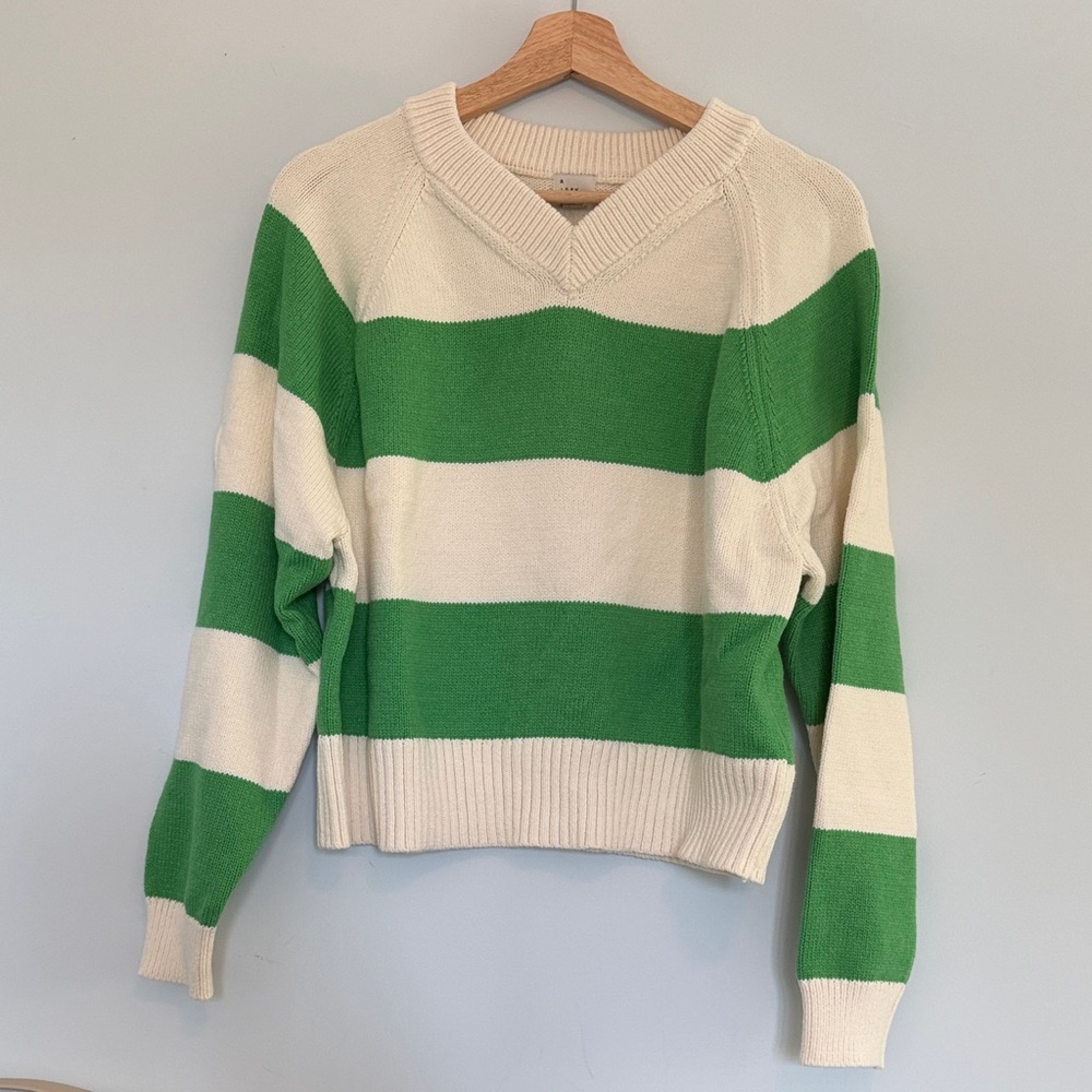 a new day Green and Cream V-Neck Striped Knit Sweater